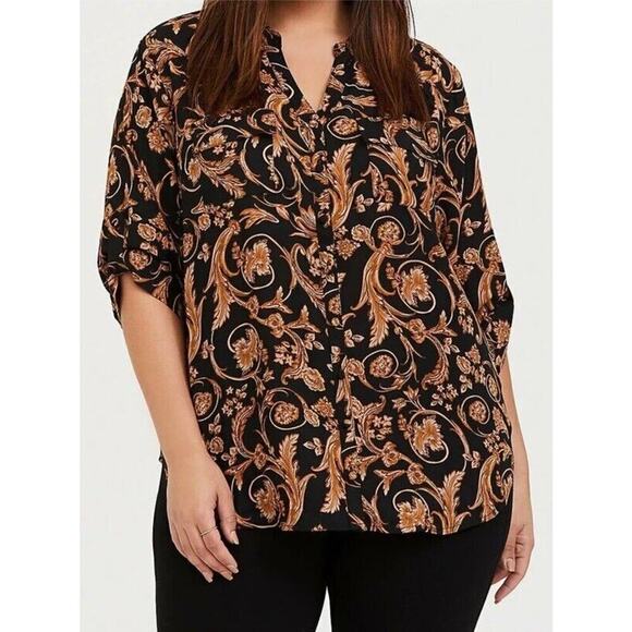 Torrid Madison Georgette Button Front Blouse Black Ornate 1X Plus Size - Picture 6 of 9